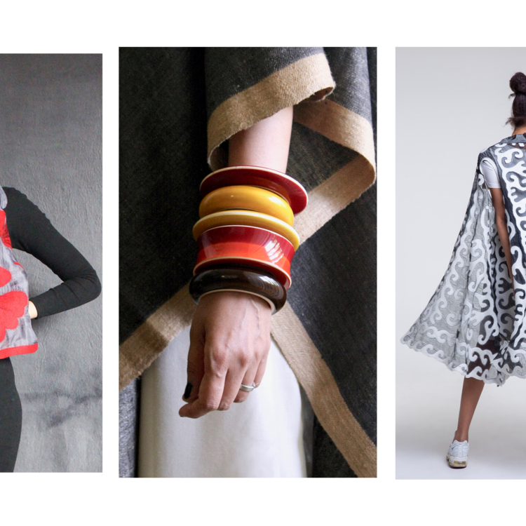 On the left, a woman models a silver and red scarf. In the middle, a model wears chunky red and brown bracelets. On the right, a model wears a white and blue flowing vest.