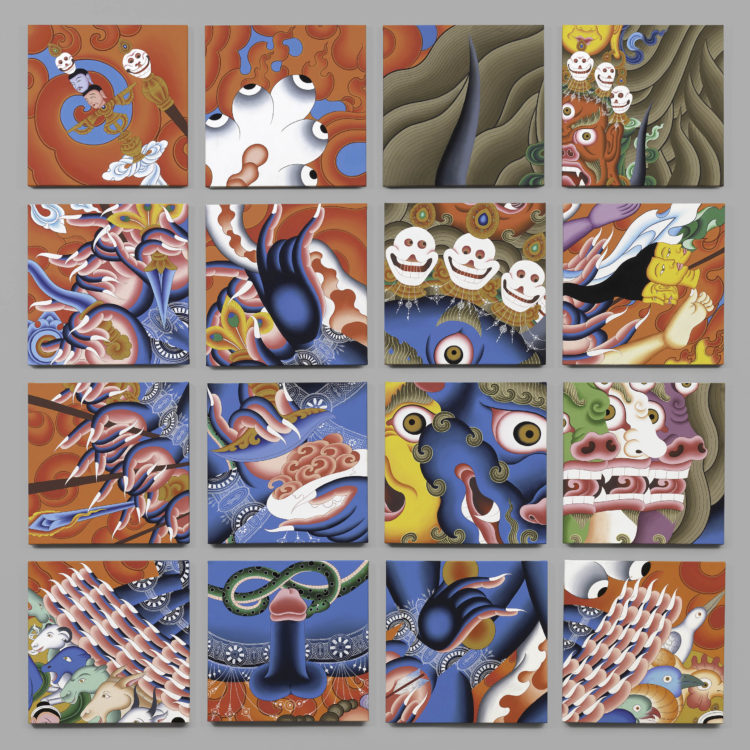 Sixteen squared in a grid featuring an abstract Buddhist deity.