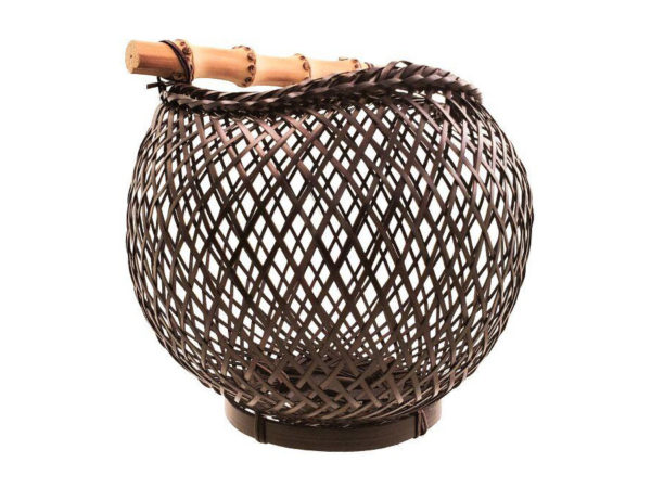 Dark brown woven wooden basket.