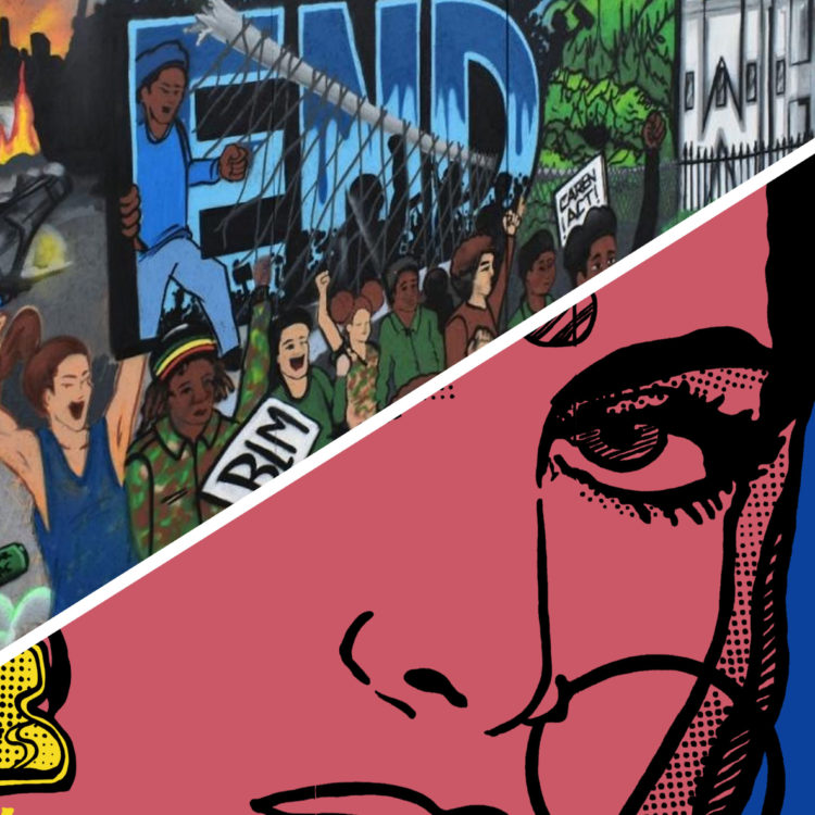 Collage of a mural with protesters and a pop art painting of a woman with a nose ring.
