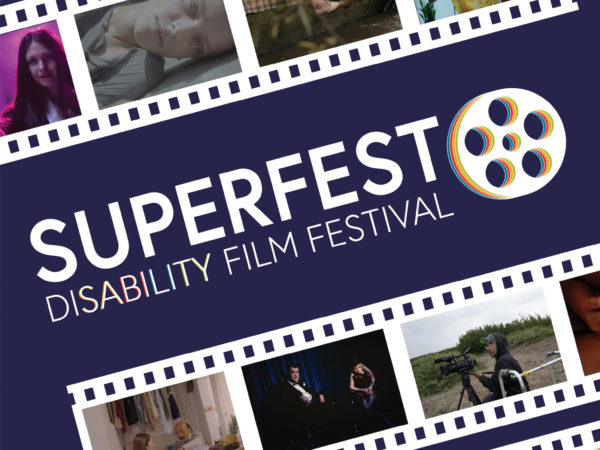Superfest logo with letters at a slant and a strip of boxes made to look like film, with boxes lined with smaller ones above and below them to resemble sprockets. Inside each larger box is a picture of various scenes from films.