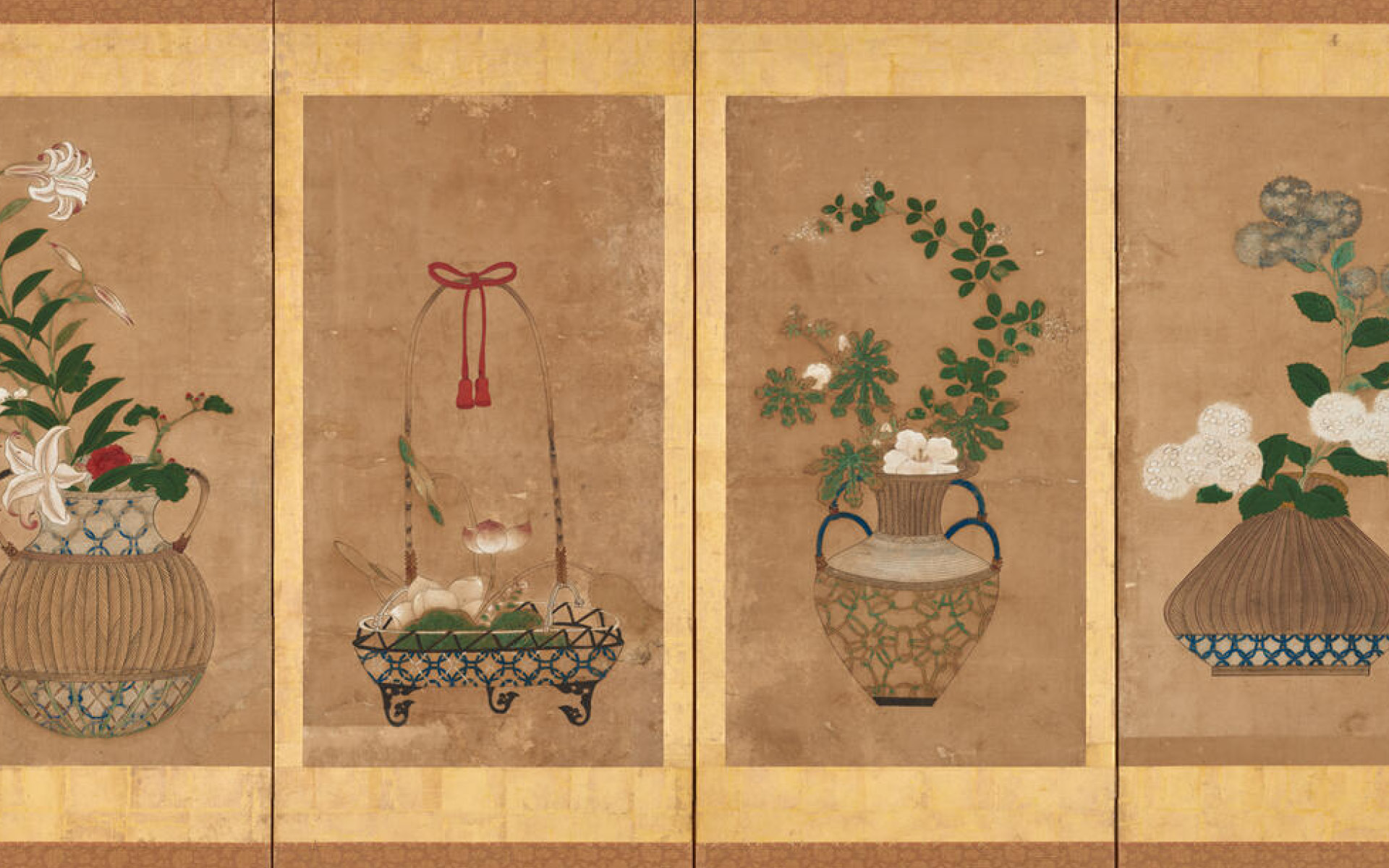 Four panel screen painted with four flower arrangements in bamboo woven baskets.