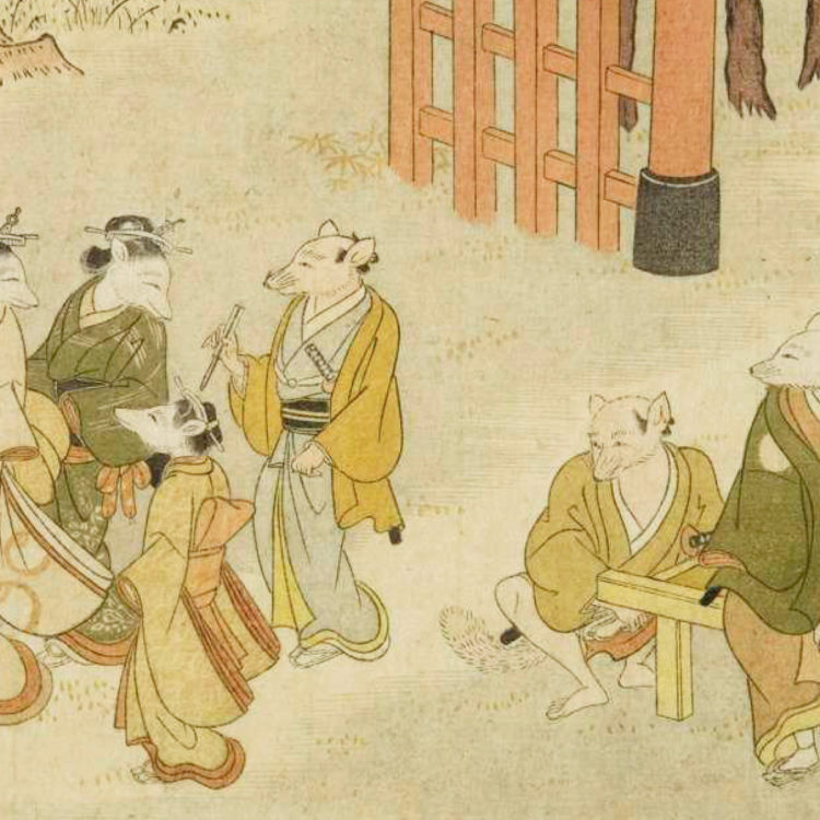 Six fox-humans, three females strolling with one male look over their shoulders at a male fox-human seated with a pipe at an outdoor cafe near a shrine attended by another male who squats near him.