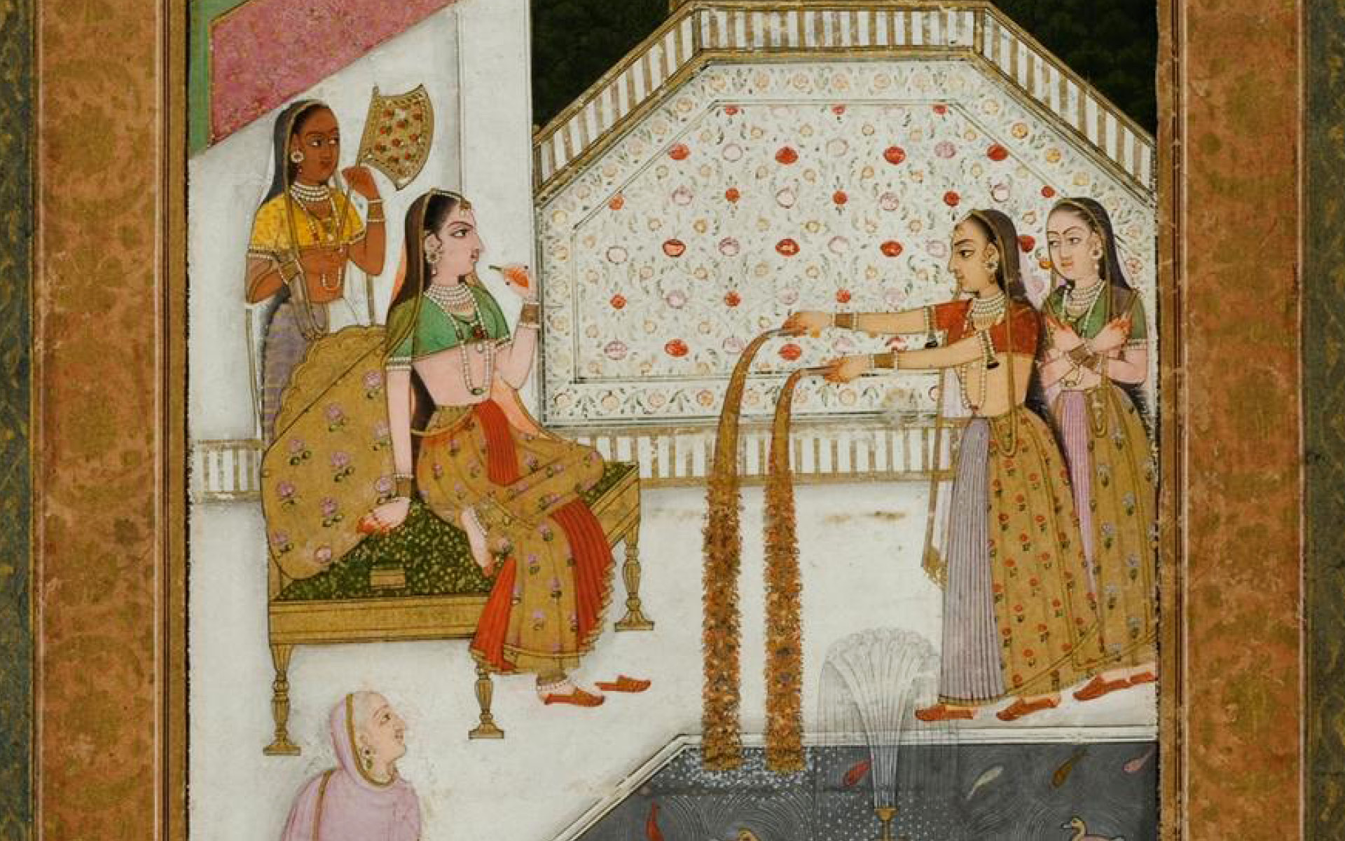 Painting of five women gathered around a courtyard pond, two hold sprinkler-like fireworks over the pond.