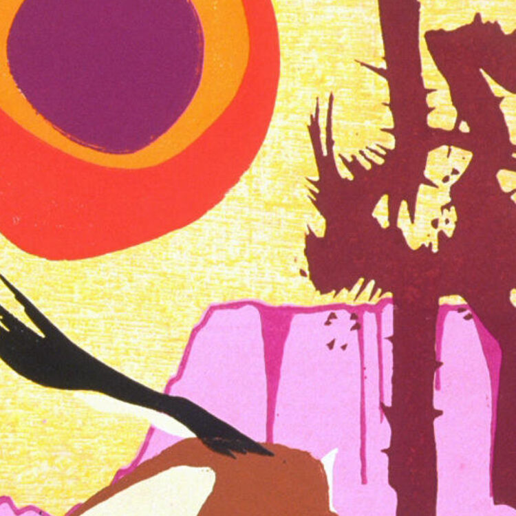 Sun in the Desert, 1959. by Yoshida Chizuko (Japanese, 1924-2017). Showa period (1926-1989). Woodblock print; ink and colors on paper. Asian Art Museum, Anonymous gift, 1992.189. © Chizuko Yoshida. Photograph © Asian Art Museum of San Francisco.