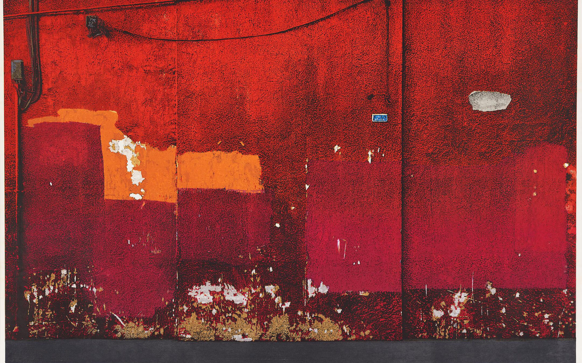 Abstracted rendering of a scuffed red wall.
