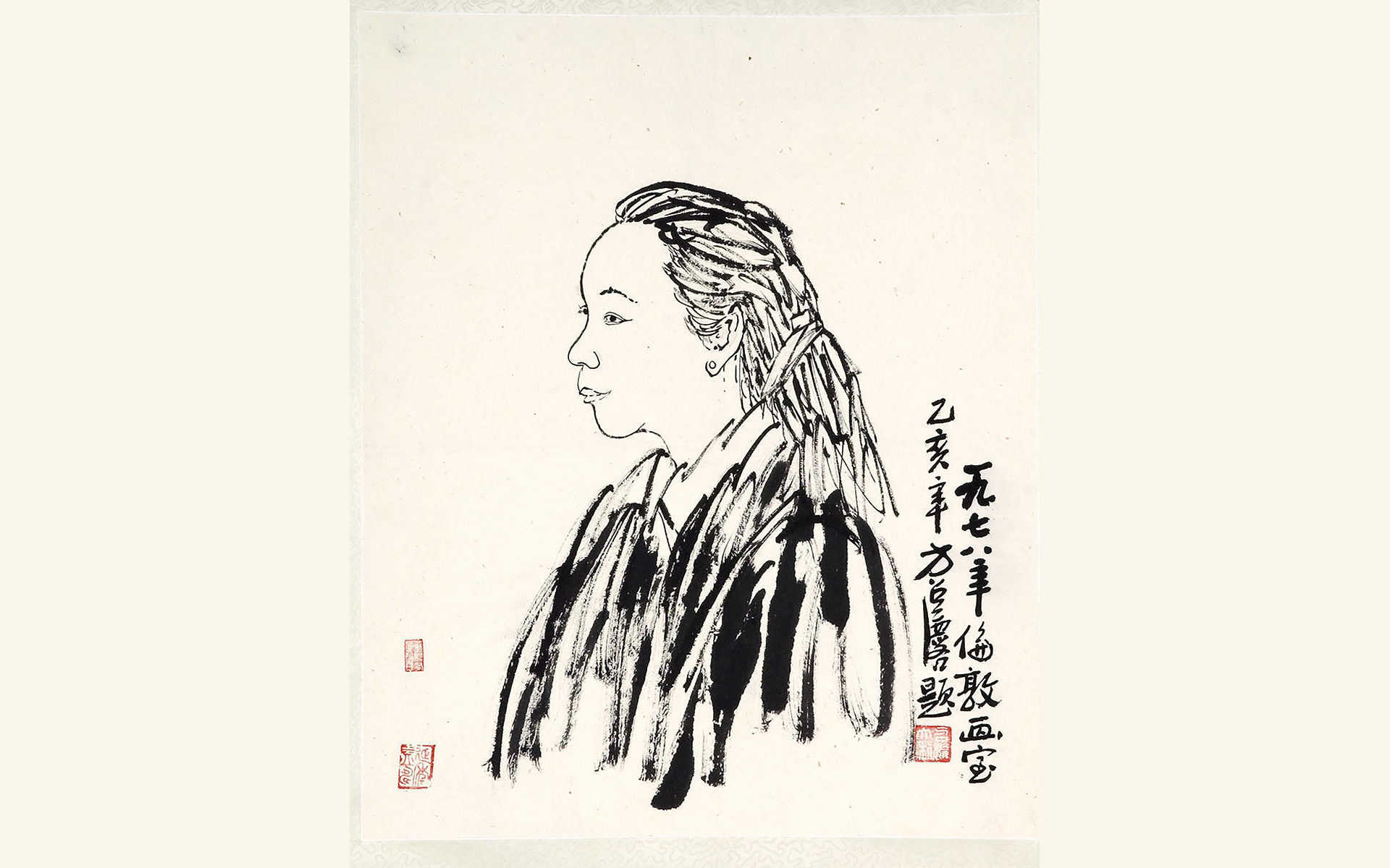 Black ink on cream paper portrait using calligraphic strokes of a woman in profile with long hair tied in a loose pony tail.