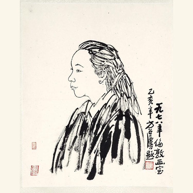 Black ink on cream paper portrait using calligraphic strokes of a woman in profile with long hair tied in a loose pony tail.