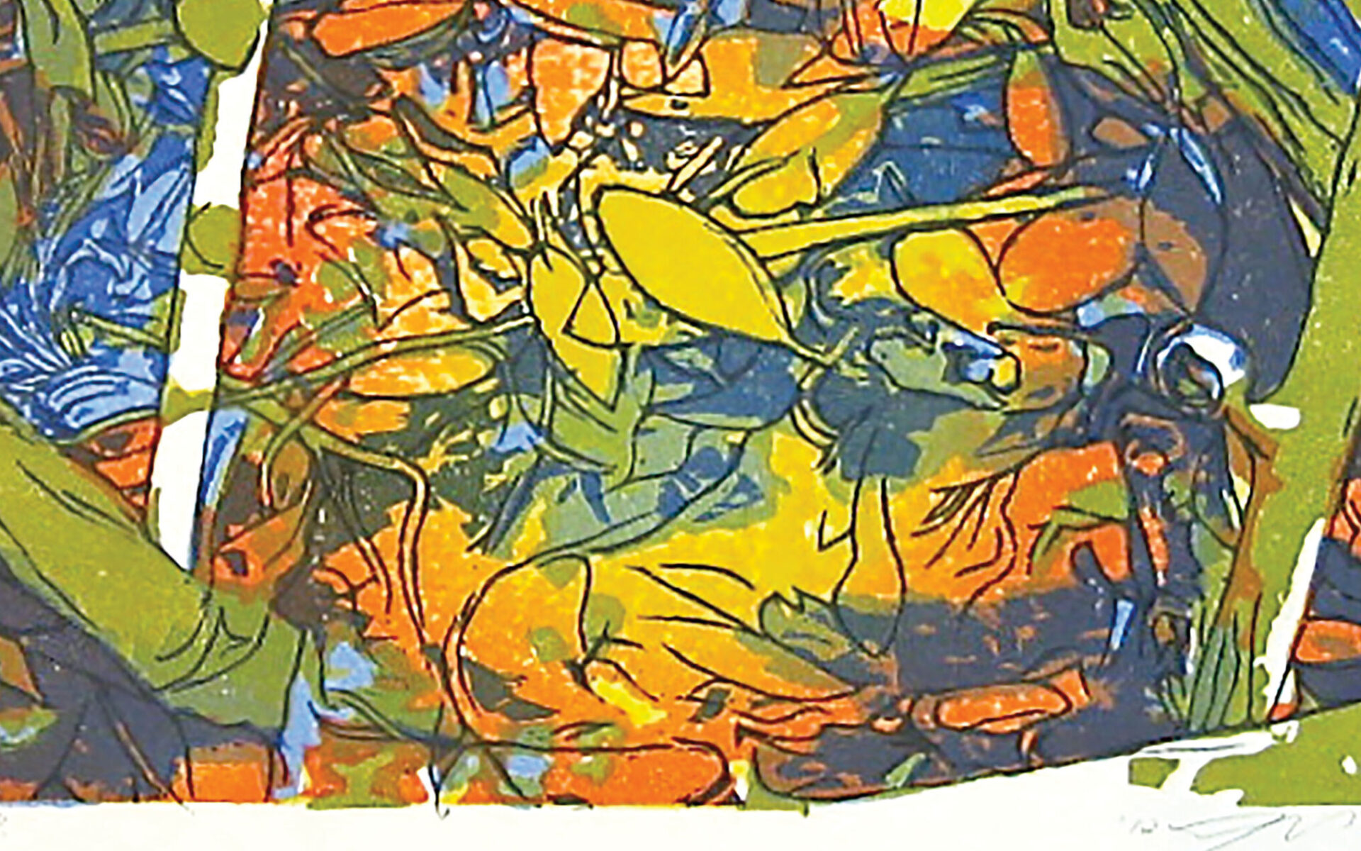 Woodblock print of flowers and leaves with bright colors in shades of green, blue, orange, and yellow that fills the frame.