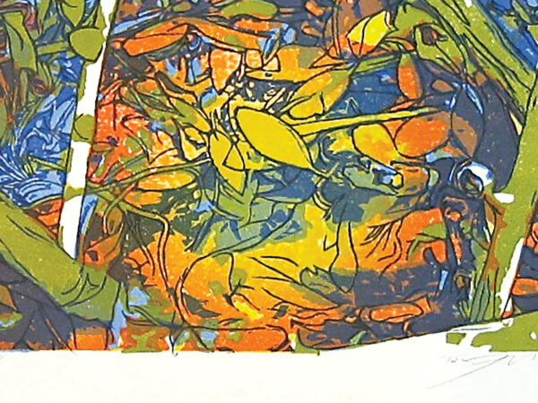 Woodblock print of flowers and leaves with bright colors in shades of green, blue, orange, and yellow that fills the frame.