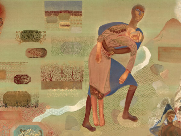 crop of painting "We Must Bear" showing a figure in blue holding a figure in peach