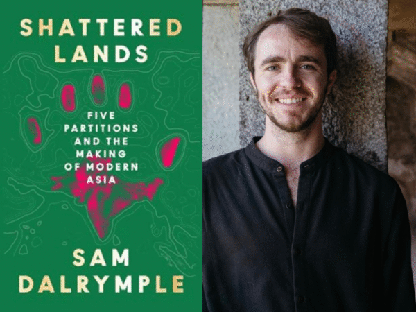 Image of the Shattered Lands book cover next to a portrait of the author, Sam Dalrymple.